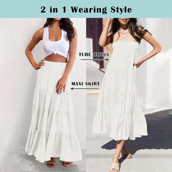 Women's High Elastic Waist Midi Skirt Casual Summer Trendy Tie Front Flowy Ruffle Floral Print A line Skirts White L