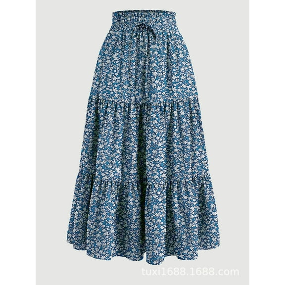 Women's High Elastic Waist Midi Skirt, Versatile for Spring and Fall, Front Knot Flowy Ruffle Botanical Print