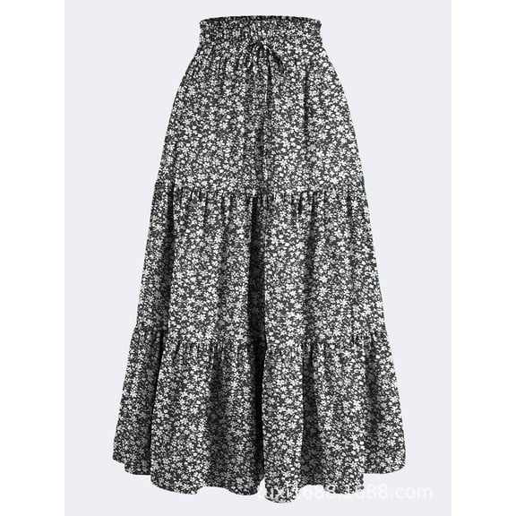 Women's High Elastic Waist Midi Skirt, Versatile for Spring and Fall, Front Knot Flowy Ruffle Botanical Print
