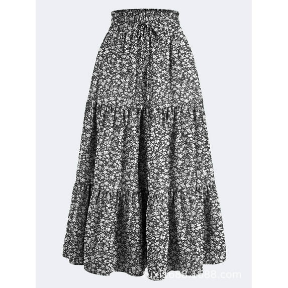Women's High Elastic Waist Midi Skirt, Versatile for Spring and Fall, Front Knot Flowy Ruffle Botanical Print