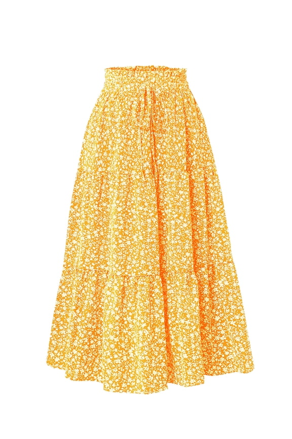 Women's High Elastic Waist Midi Skirt, Versatile for Spring and Fall, Front Knot Flowy Ruffle Botanical Print