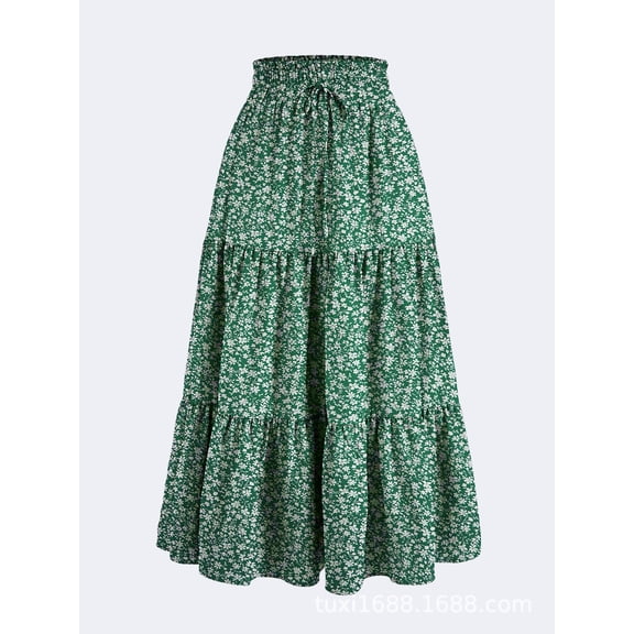 Women's High Elastic Waist Midi Skirt, Versatile for Spring and Fall, Front Knot Flowy Ruffle Botanical Print