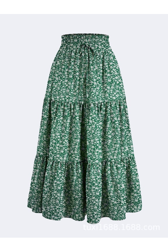 Women's High Elastic Waist Midi Skirt, Versatile for Spring and Fall, Front Knot Flowy Ruffle Botanical Print