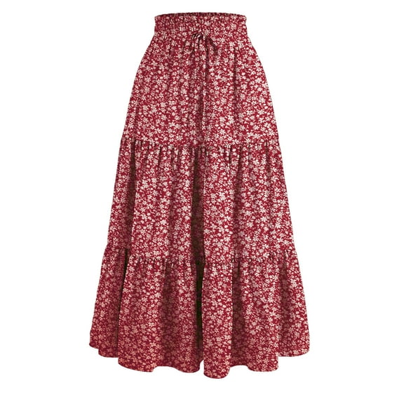 Women's High Elastic Waist Midi Skirt, Versatile for Spring and Fall, Front Knot Flowy Ruffle Botanical Print