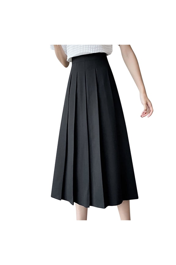 Women's High Elastic Waist Pleated Skirt Midi Swing A-line Skirts Solid Skater School Uniform Long Skirts