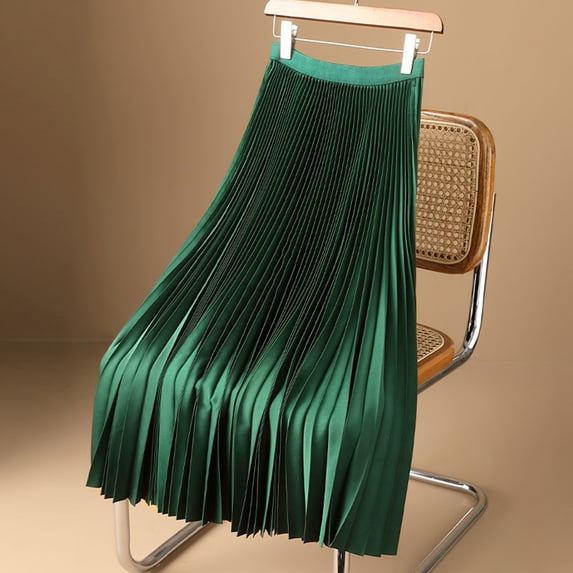 Women's High Elastic Waist Satin Metallic Pleated Accordion Swing Long Maxi Skirt