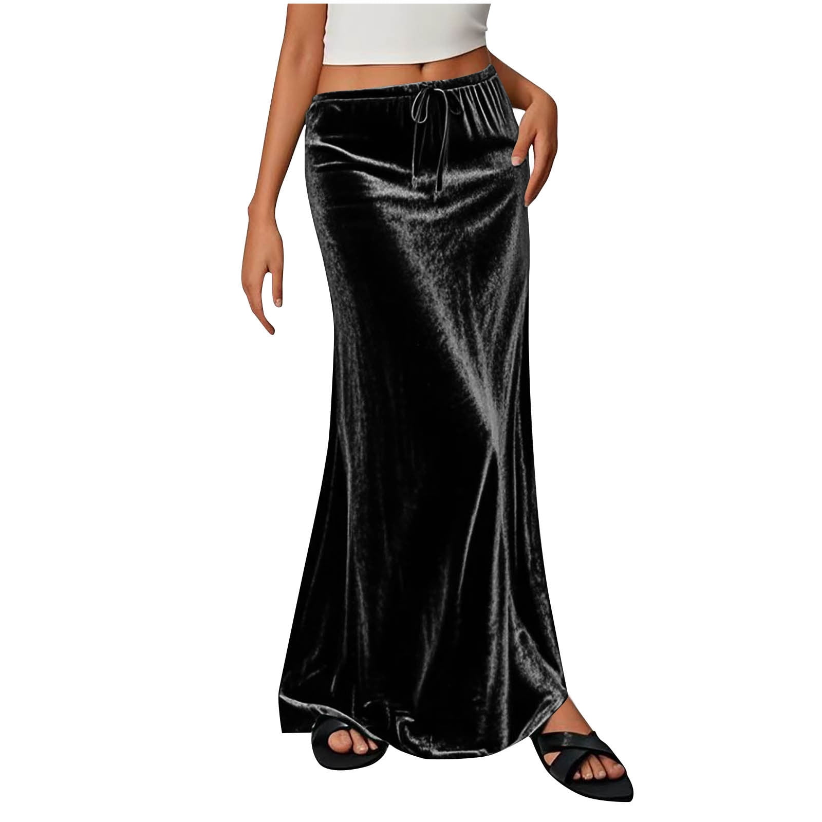 Women's High Elastic Waist Velvet Maxi Skirt Loose Evening Party