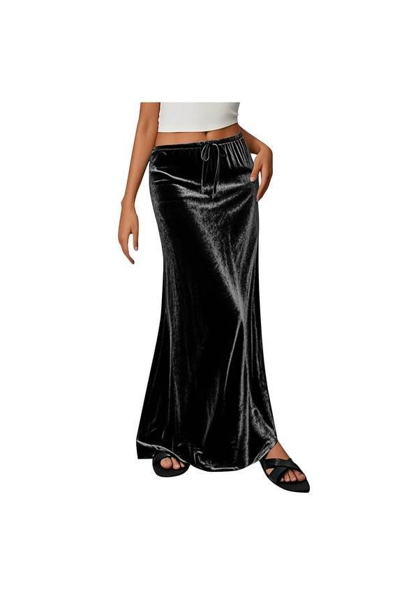 Women's High Elastic Waist Velvet Maxi Skirt Loose Evening Party Flowy Long Skirts