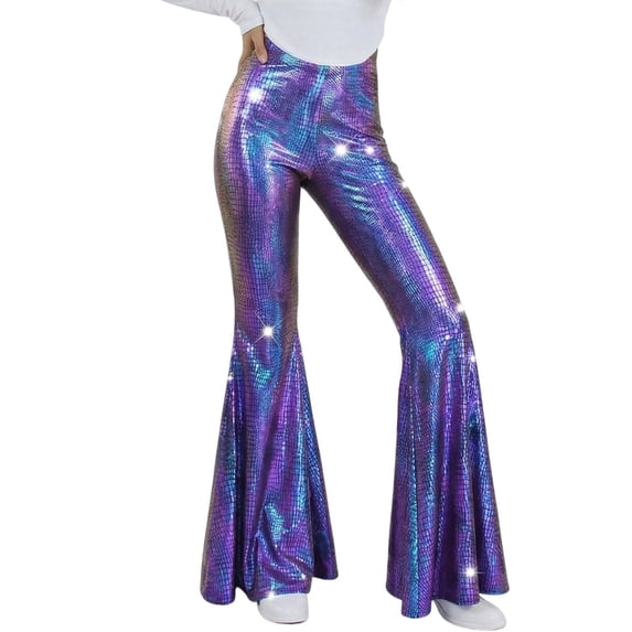 Idoravan Sequin Flare Pants Sparkly Glitter High Waisted Bell Bottoms Leggings Party Disco Clubwear for Women Women's High Elasticity High Waist Shiny Leather Skinny Pants