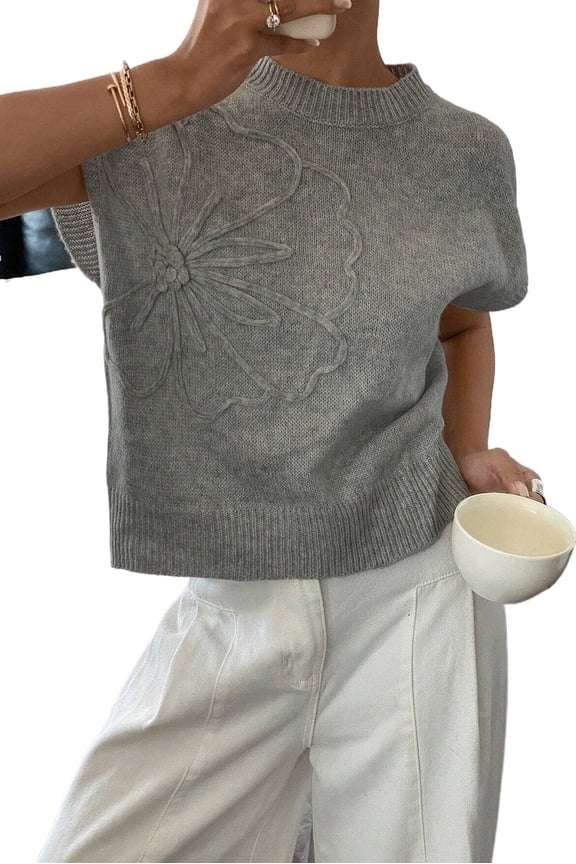 Women's High Flower Pattern Ribbed Trim Short Sleeve Boxy Sweater - Casual Summer Knit | [ZhiHiMeRi] | (US 16-18)XL