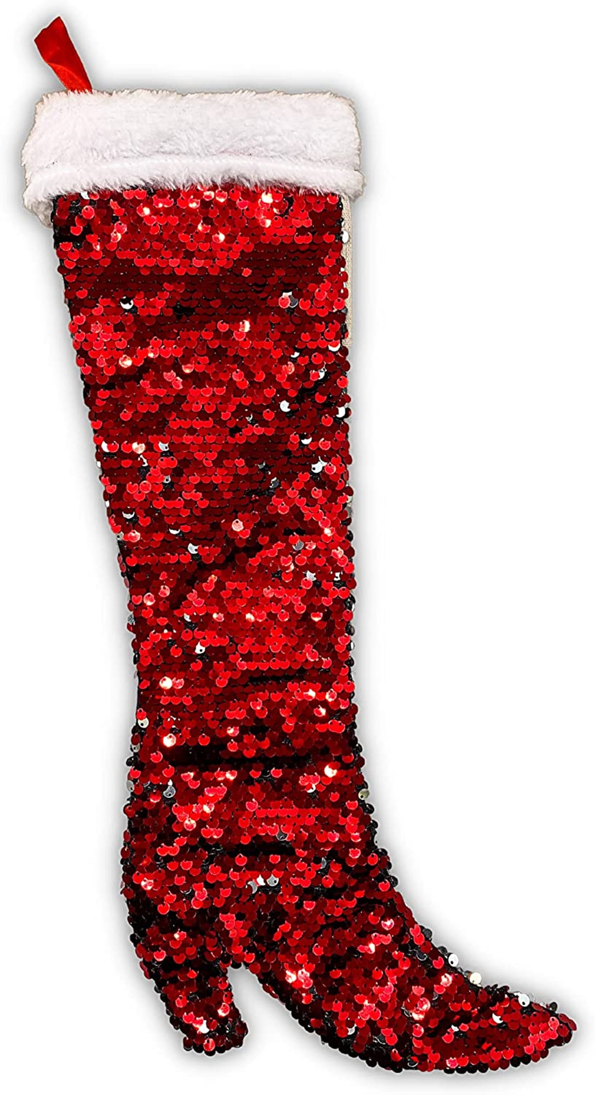 Red and Silver Reversible Sequin High Heel Boot Christmas Stocking