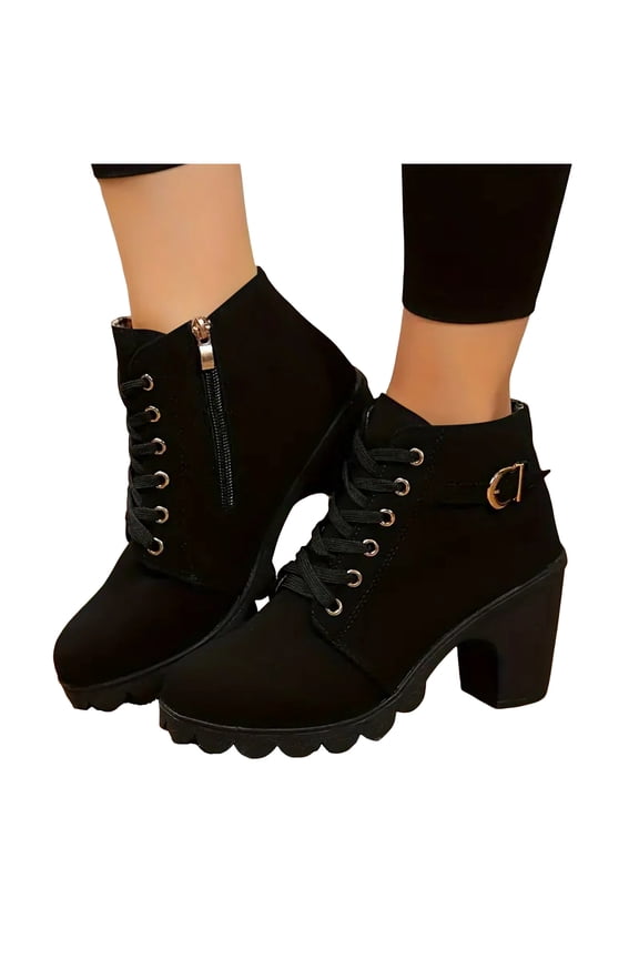 Women's High Heel Combat Boots Tacticle Lace up Platform Chunky Heeled Riding Short Ankle Booties Winter Fall Shoes