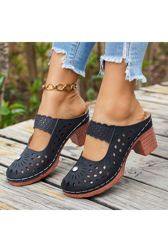 Women's High-Heel Sandals | Retro Breathable Cut-Out & Laser-Cut Design | Slip-On with Patterned Strap, Closed Round Toe & Thick Heel |European-American Style Summer Back-to-School Shoes