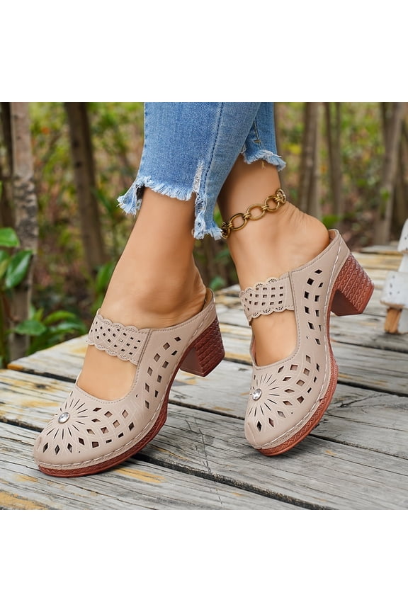 Women's High-Heel Sandals | Retro Breathable Cut-Out & Laser-Cut Design | Slip-On with Patterned Strap, Closed Round Toe & Thick Heel |European-American Style Summer Back-to-School Shoes