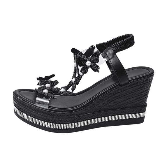 Women's High Heel Wedge Sandals Rhinestone Platform Fashionable Butterfly Decor Cute Women Slides Thick Soled Open Toe T Strap Thongs Shoes with Transparent Elastic Strap Boho Summer Beach