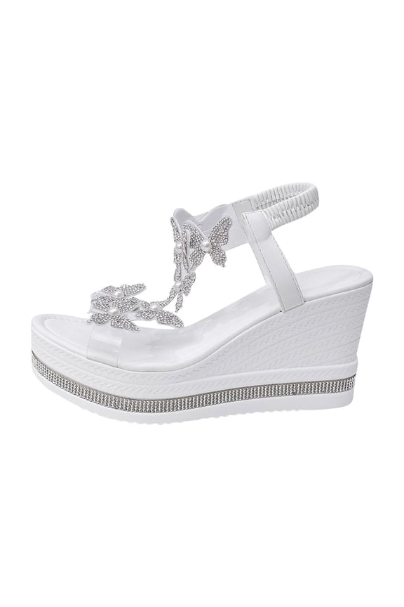Women's High Heel Wedge Sandals Rhinestone Platform Fashionable Butterfly Decor Cute Women Slides Thick Soled Open Toe T Strap Thongs Shoes with Transparent Elastic Strap Boho Summer Beach