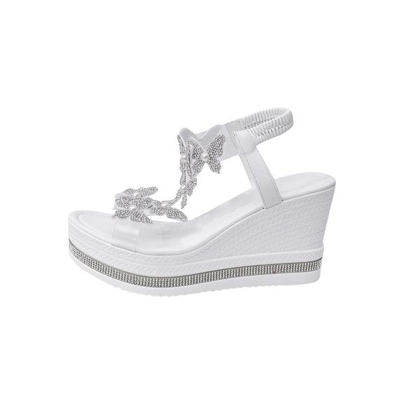 Women's High Heel Wedge Sandals Rhinestone Platform Fashionable Butterfly Decor Cute Women Slides Thick Soled Open Toe T Strap Thongs Shoes with Transparent Elastic Strap Boho Summer Beach