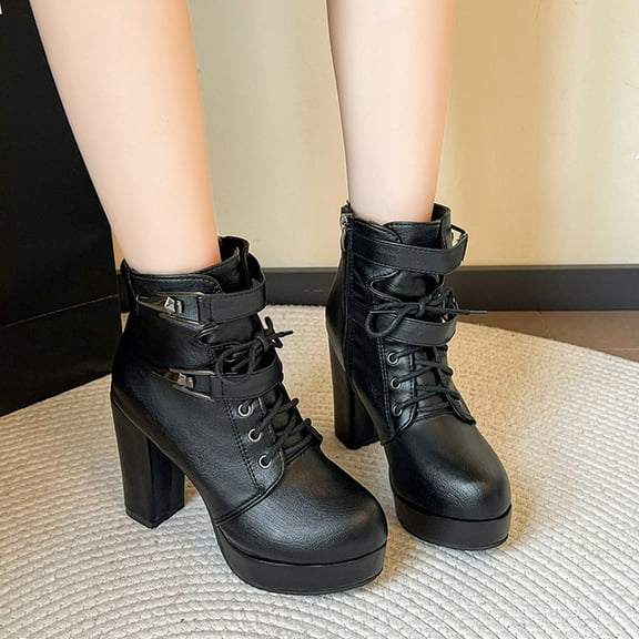 Women's High Heeled Boots Plus Velvet Solid Color Round Toe Buckle Short Boots Comfortable Casual Shoe Women Lace Up High-Heeled Ankle Boot Shoes