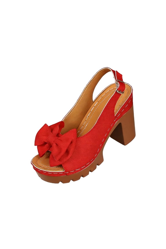 Women's High Heels Bow Peep Toe Ankle Strap Platform Block Slingback Dress Pumps Sandals Red 5.5(36)