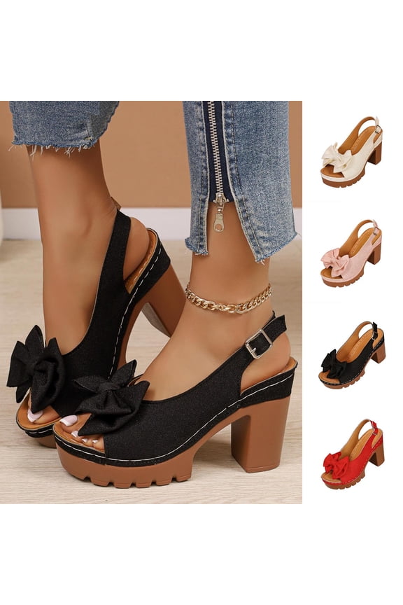Women's High Heels Bow Peep Toe Ankle Strap Platform Block Slingback Dress Pumps Sandals Red 9.5(43)