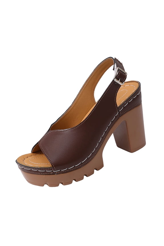 Women's High Heels Peep Toe Ankle Strap Platform Thick Block Heel Slingback Dress Pumps Sandals Brown 7.5(40)