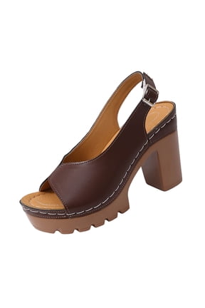 Women's High Heels Peep Toe Ankle Strap Platform Thick Block Heel Slingback Dress Pumps Sandals Brown 9(42)