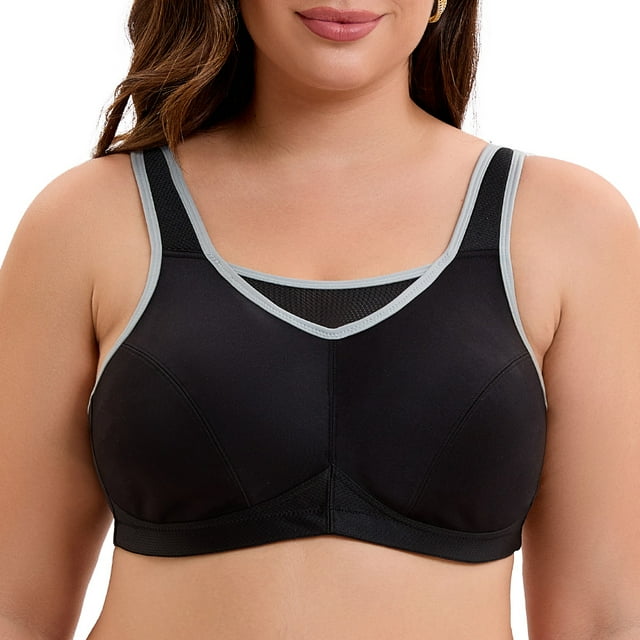 Women's High Impact Sports Bra Plus Size Wirefree Non-Padded Full Figure Bounce Control Running Bra 44G