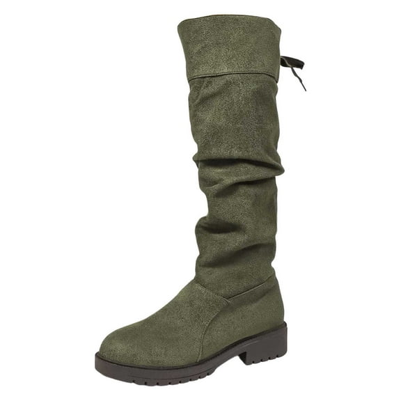 Women's High Knee Boots Round Toe Suede with Crinkled Back Lacing and Stacked Heel for Fashionable Comfortable Footwear Experience