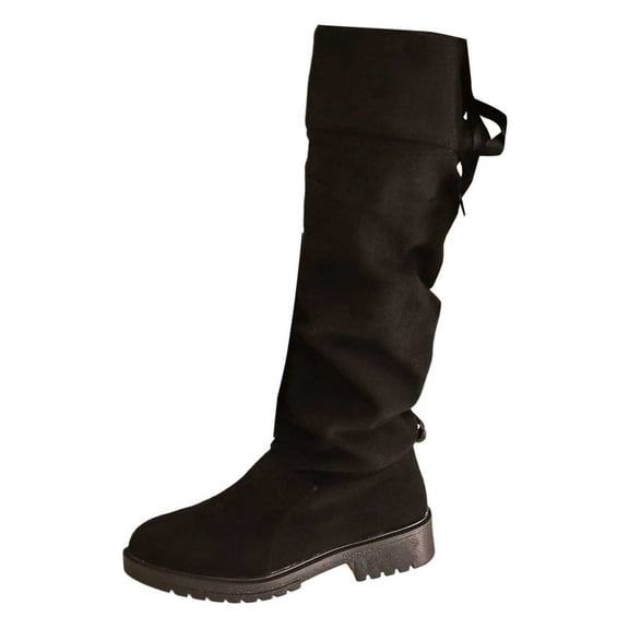 Women's High Knee Boots Round Toe Suede with Crinkled Back Lacing and Stacked Heel for Fashionable Comfortable Footwear Experience