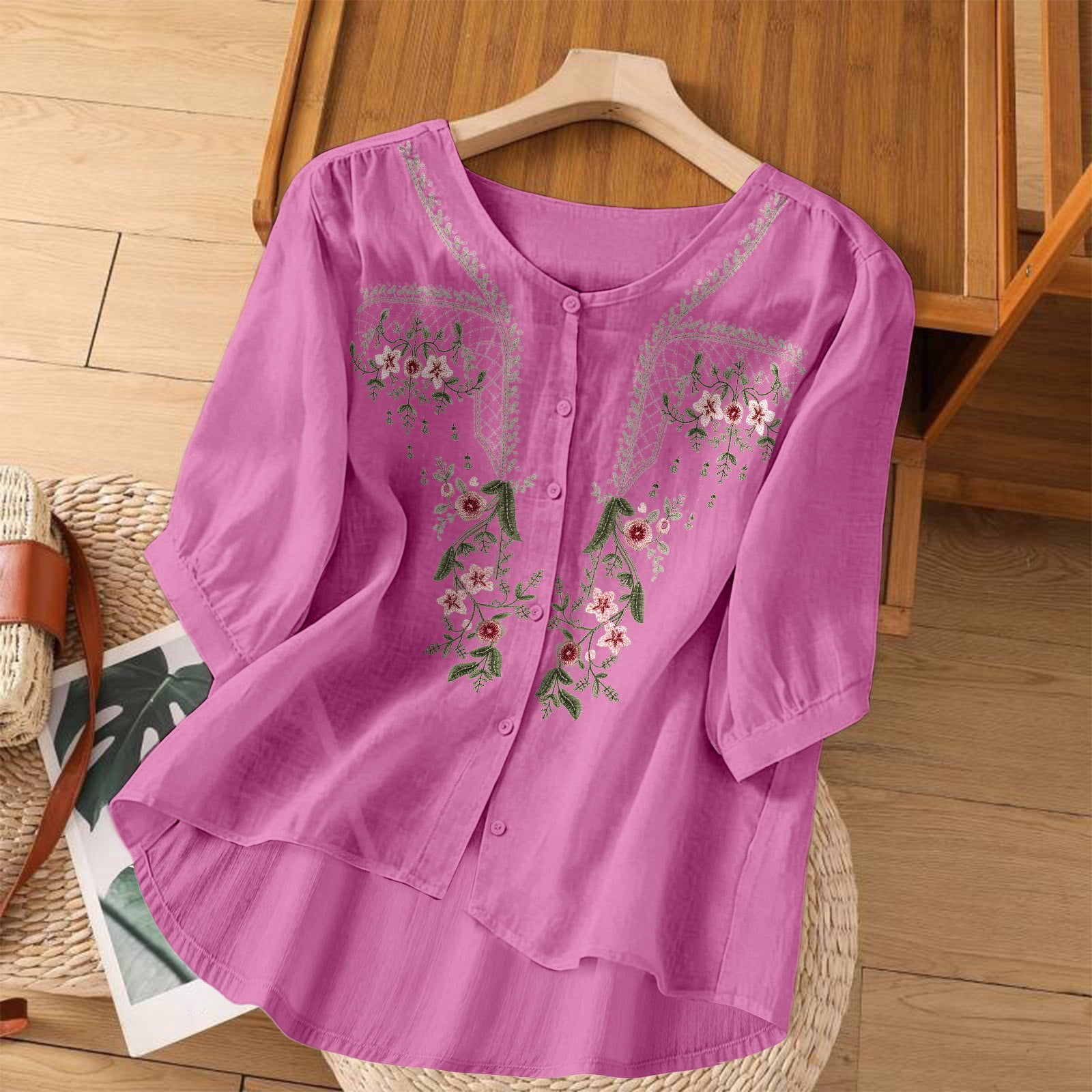 Women's High Low Hem Cotton Linen Embroidered 3/4 Sleeve Button