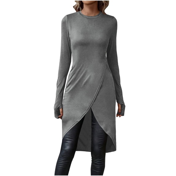 Women's High Low Hem Split Wrap Front Long Sleeve Tunic Shirt 2026 Trendy Crew Neck Asymmetrical Hem T Shirts