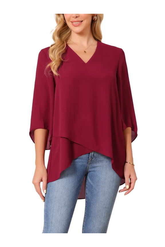 Women's High Low Tops Dressy Casual 3/4 Bell Sleeve V Neck Asymmetrical Hem Shirt Chiffon Blouse L Wine Red