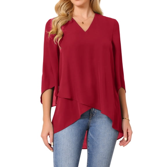 INSPIRE CHIC Women's High Low Tops Dressy Casual 3/4 Bell Sleeve V Neck Asymmetrical Hem Shirt Chiffon Blouse S Red