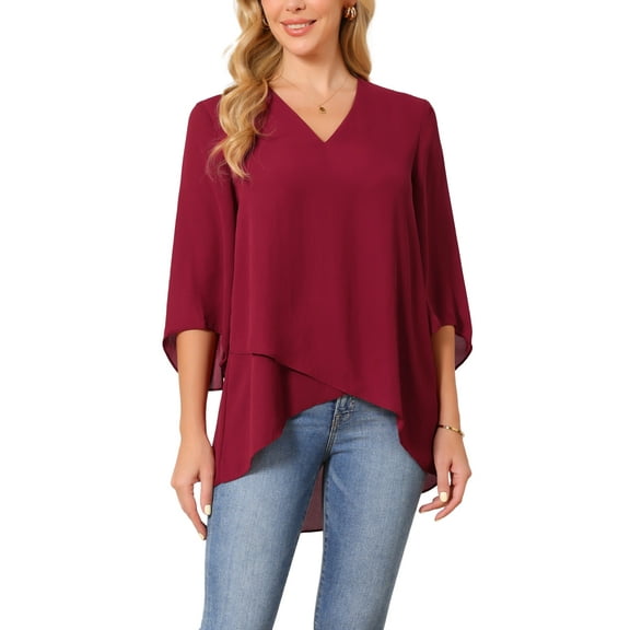 INSPIRE CHIC Women's High Low Tops Dressy Casual 3/4 Bell Sleeve V Neck Asymmetrical Hem Shirt Chiffon Blouse S Wine Red
