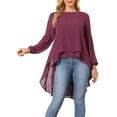thumbnail image 1 of Women's High Low Tops Lantern Long Sleeve Round Neck Dressy Casual Chiffon Asymmetrical Tops Blouse S Red Purple, 1 of 6