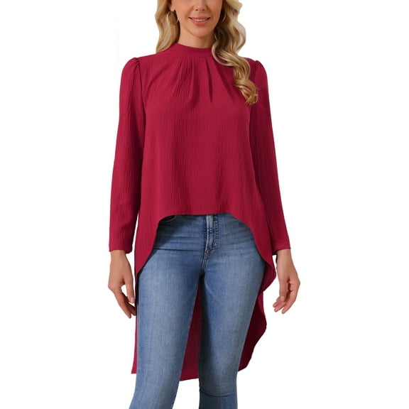 Women's High Low Tops Long Sleeve Back Keyhole Round Neck Asymmetrical Hem Tops Dressy Casual Blouse S Wine Red