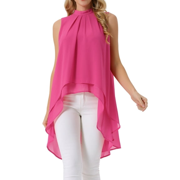 INSPIRE CHIC Women's Chiffon Tops Mock Neck Sleeveless Tie Back High Low Hem Summer Shirt Blouse L Hot Pink