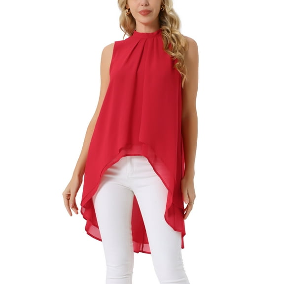 INSPIRE CHIC Women's Chiffon Tops Mock Neck Sleeveless Tie Back High Low Hem Summer Shirt Blouse L Red