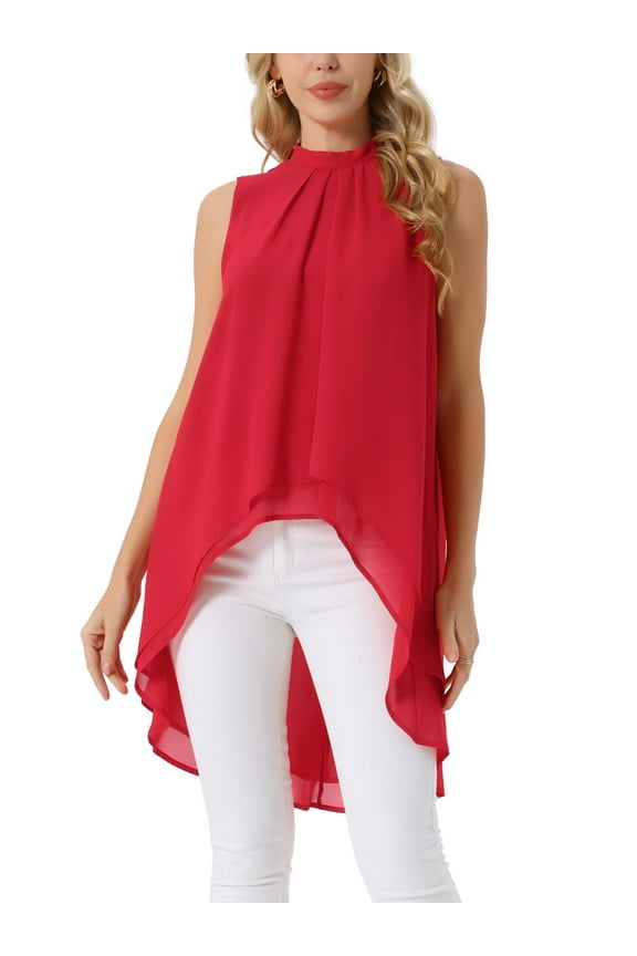 Women's Chiffon Tops Mock Neck Sleeveless Tie Back High Low Hem Summer Shirt Blouse L Red