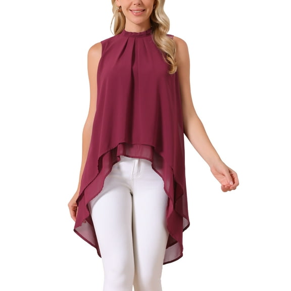 INSPIRE CHIC Women's Chiffon Tops Mock Neck Sleeveless Tie Back High Low Hem Summer Shirt Blouse L Wine Red