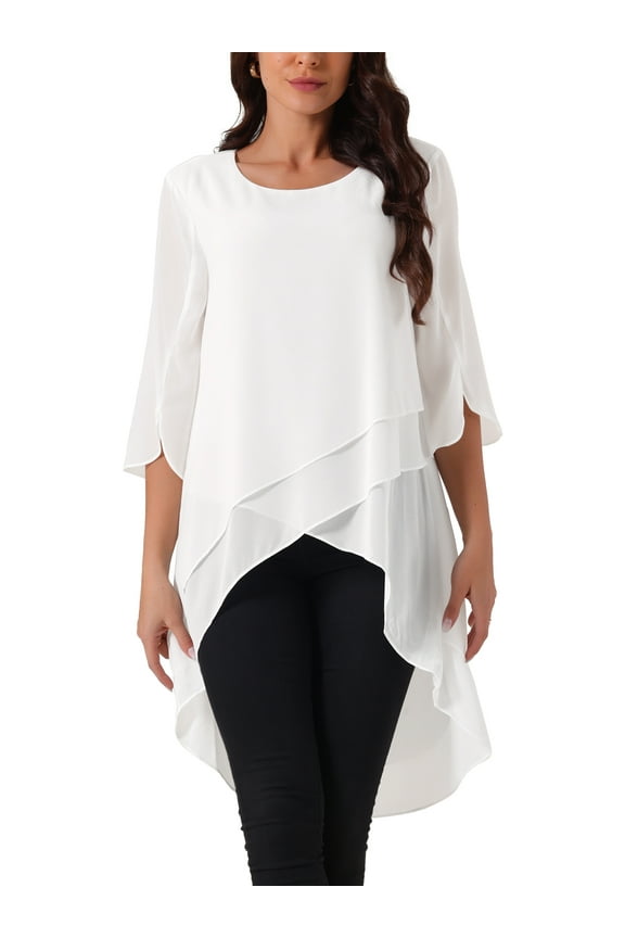 Women's High Low Tops Scoop Neck Chiffon Blouse Asymmetrical Loose Shirt 3/4 Sleeve Casual Summer Tops 2XL White