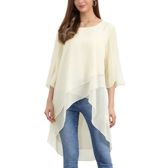 Women's High Low Tops Scoop Neck Chiffon Blouse Asymmetrical Loose Shirt 3/4 Sleeve Casual Summer Tops S Apricot