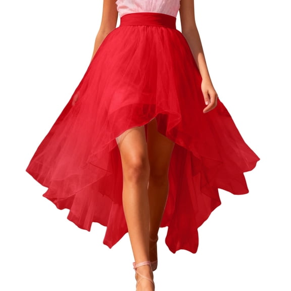 Women's High Low Tulle Tutu Skirts Elastic High Waisted Irregular Flowy Layered Skirts Fashion Carnival Party Outfits Red One Size
