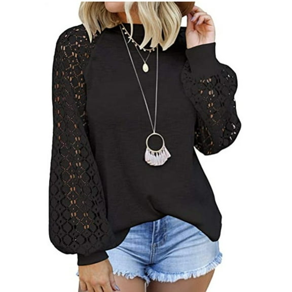 Women's High Neck Casual Blouses Balloon Lace Sleeve Loose Shirt Tops
