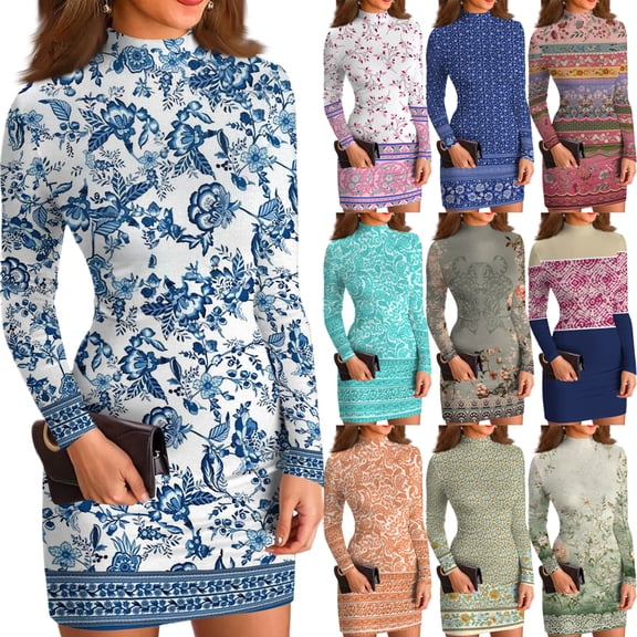Women's High-Neck Casual Long Sleeve Floral Printed Slim-Fit Dress for Spring and Autumn Outings,Mint Green,M