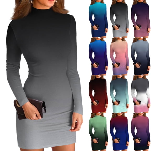 Women's High-Neck Casual Long Sleeve Gradient Printed Slim-Fit Dress for Spring and Autumn Elegant Wear,Pink,XL