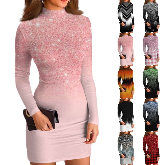 Women's High-Neck Casual Long Sleeve Retro Printed Slim-Fit Dress for Spring and Autumn Vintage Style,Gray,2XL