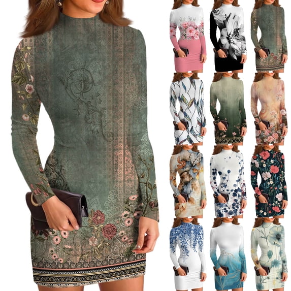 Women's High-Neck Casual Long Sleeve Vintage Floral Printed Slim-Fit Dress for Spring and Autumn Parties,Army Green,L