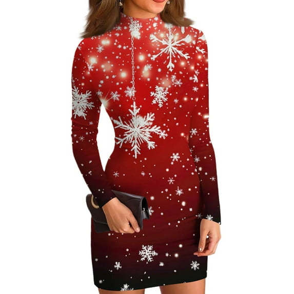 Women's High-Neck Casual Long-Sleeved Printed Slim-Fit Christmas Vintage Dress for Holiday Parties and Elegant Events,Red,S