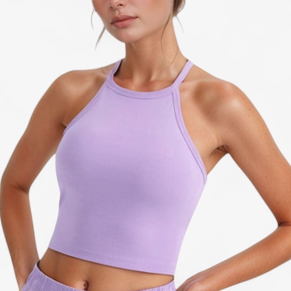 Women's High Neck Cropped Tank Top with Racer Style Straps and Seamless Fit for Active and Casual Wear - Large, Purple